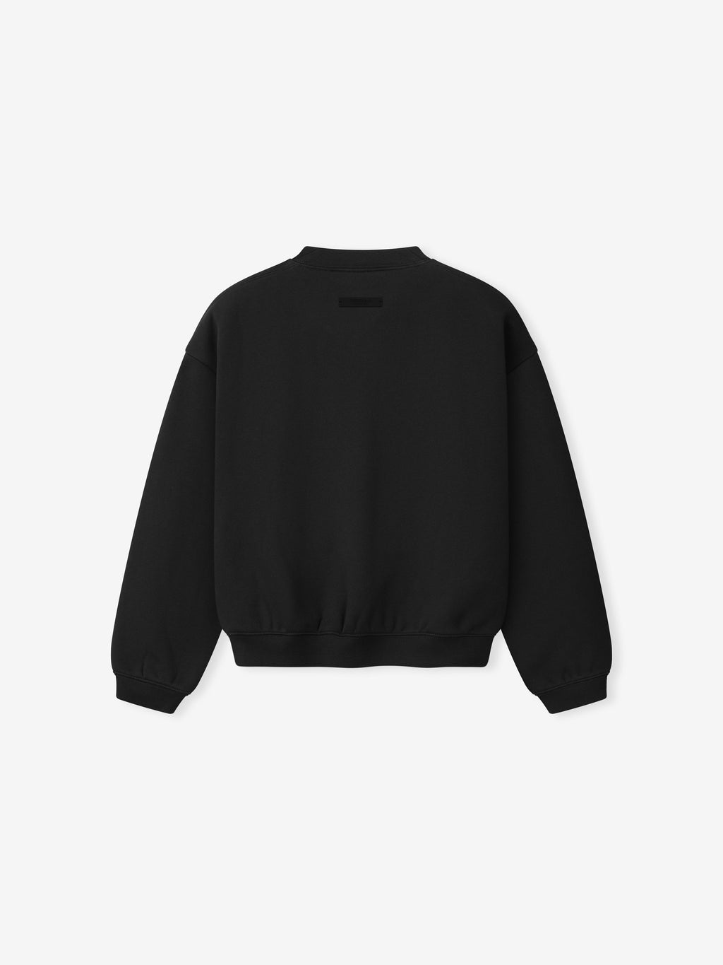 Black sweatshirt shown from back with long sleeves, ribbed cuffs and waistband, and small patch detail near collar