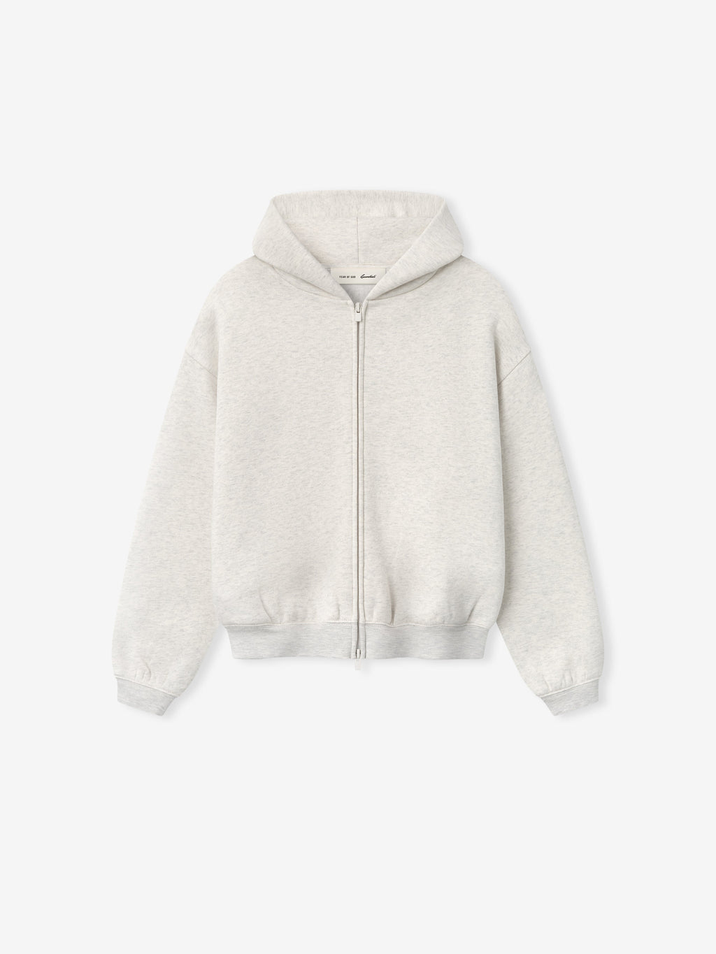 front view of kids light grey full zip hoodie with hood, long sleeves, and ribbed cuffs and hem