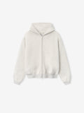 front view of kids light grey full zip hoodie with hood, long sleeves, and ribbed cuffs and hem