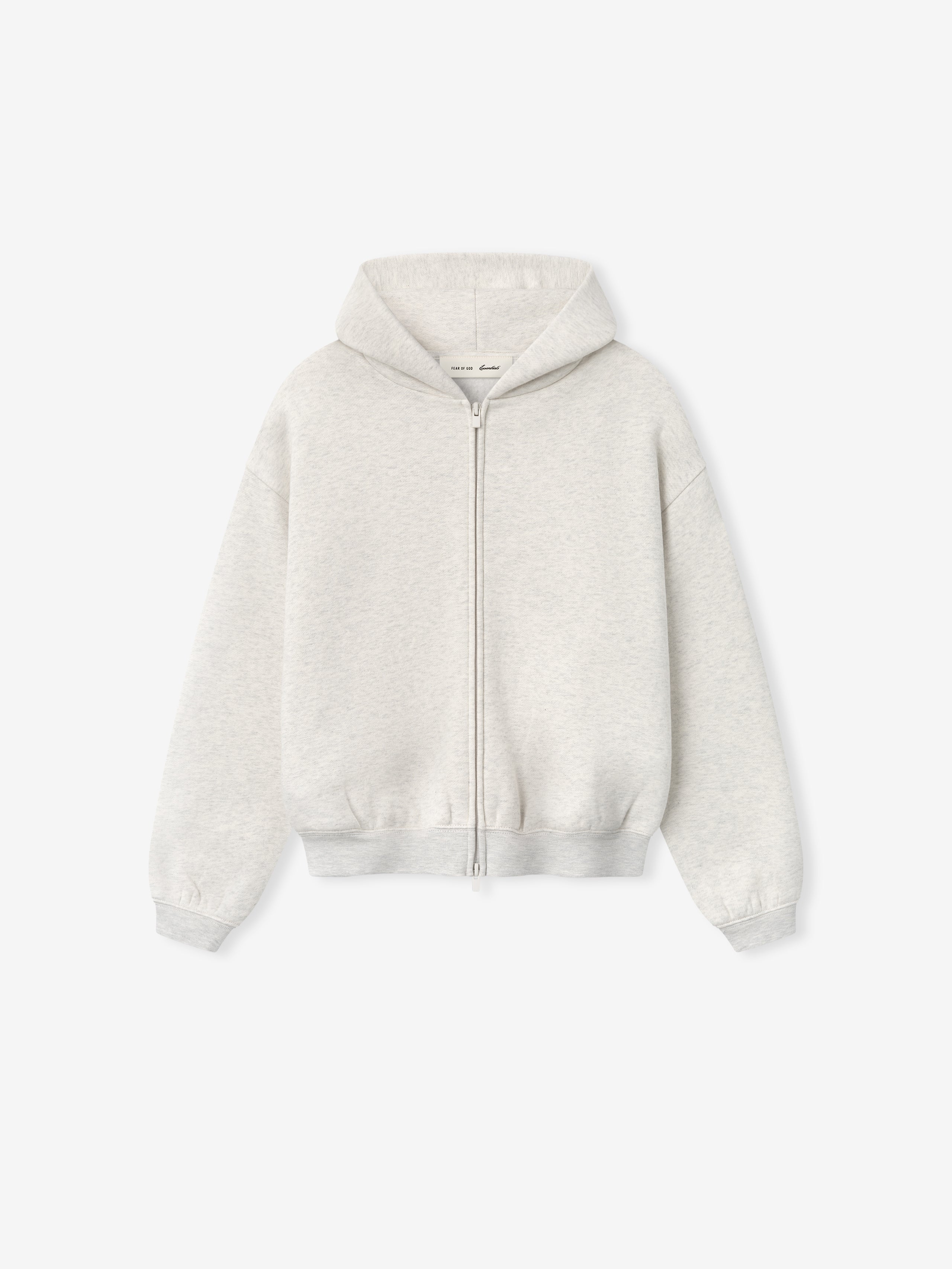 front view of kids light grey full zip hoodie with hood, long sleeves, and ribbed cuffs and hem