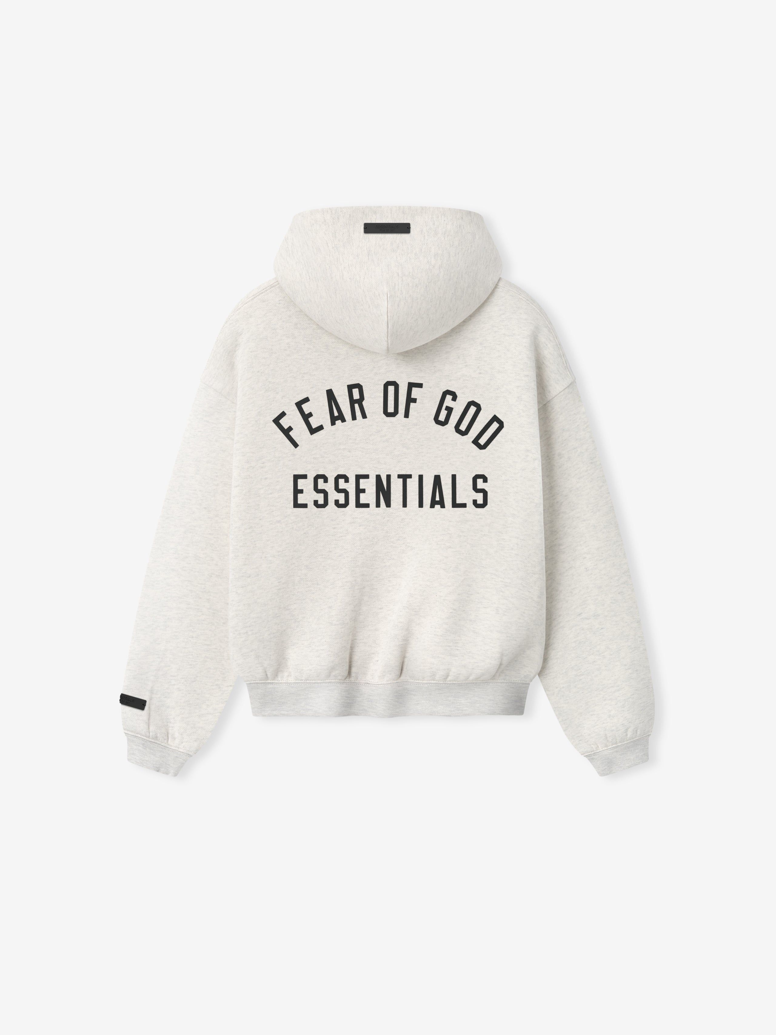 back view of kids light grey full zip hoodie with hood and Fear of God Essentials logo printed on back