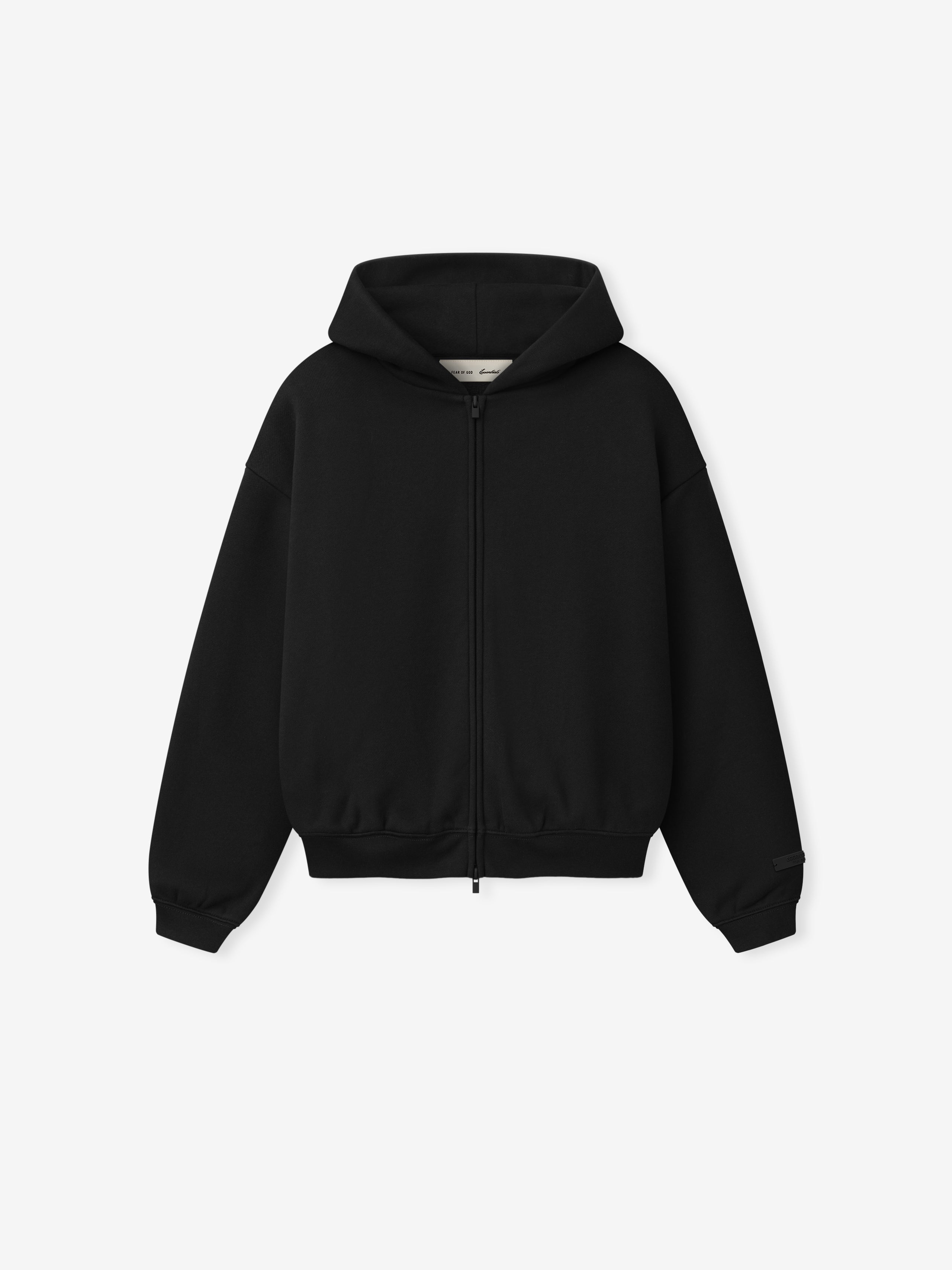 front view of black kids full zip hoodie with hood, long sleeves, and ribbed cuffs and waistband