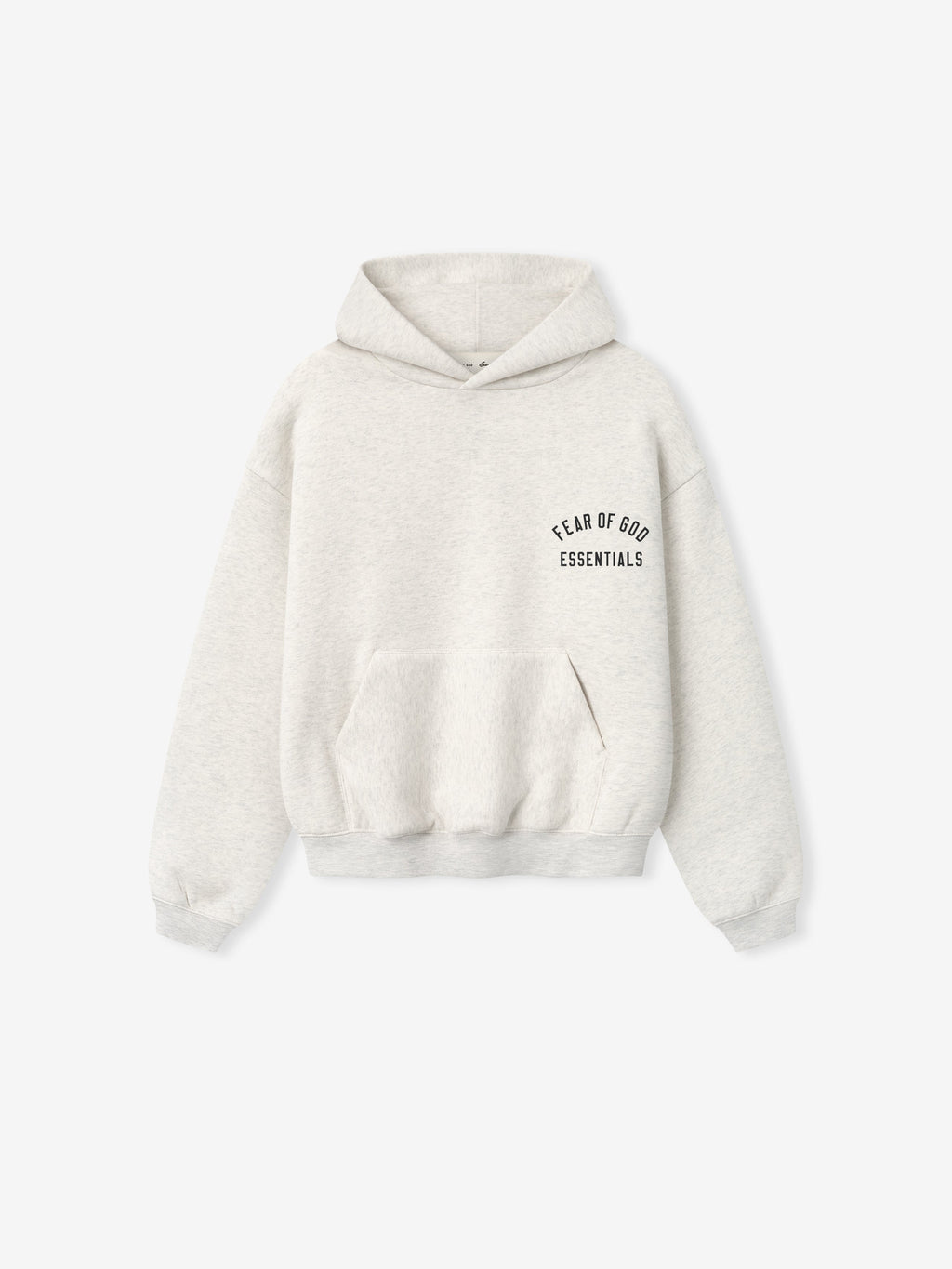 light beige kids hoodie with front pouch pocket and Fear of God Essentials logo printed on chest