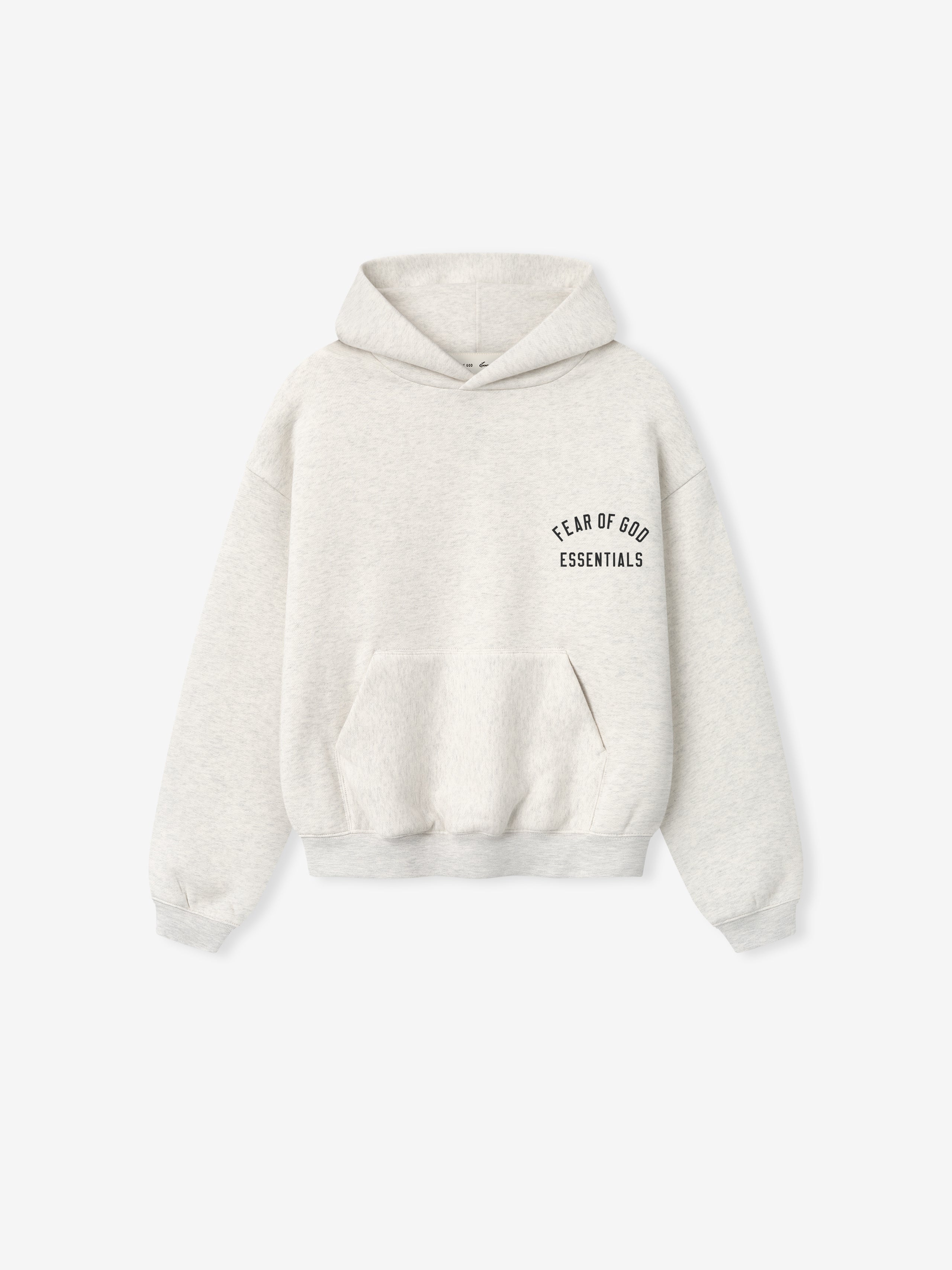 light beige kids hoodie with front pouch pocket and Fear of God Essentials logo printed on chest