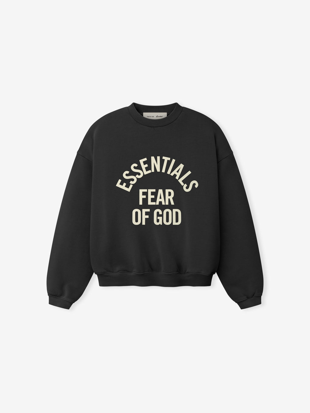 black kids crewneck sweatshirt with Essentials Fear of God logo printed in cream arched text on front