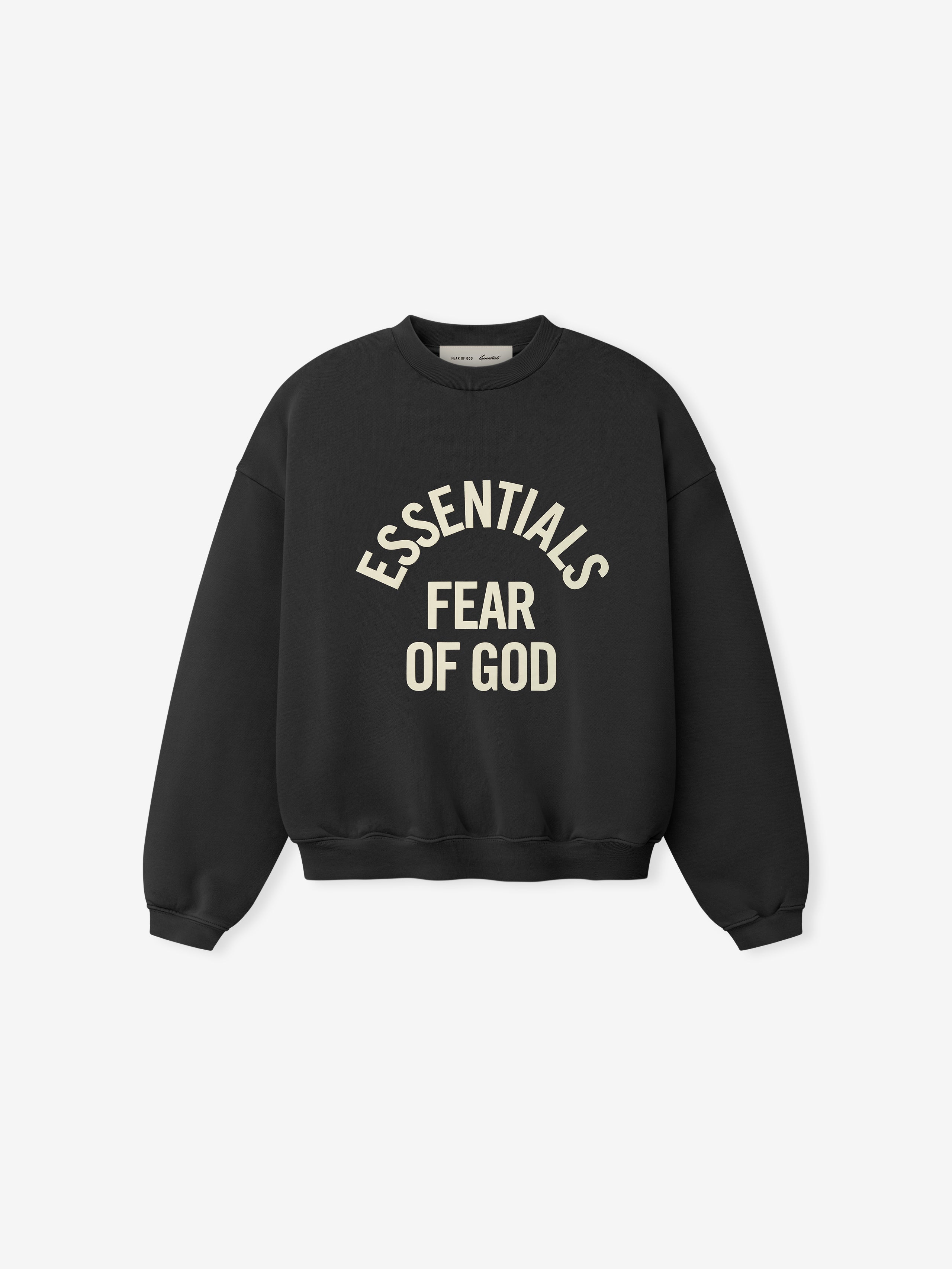 black kids crewneck sweatshirt with Essentials Fear of God logo printed in cream arched text on front