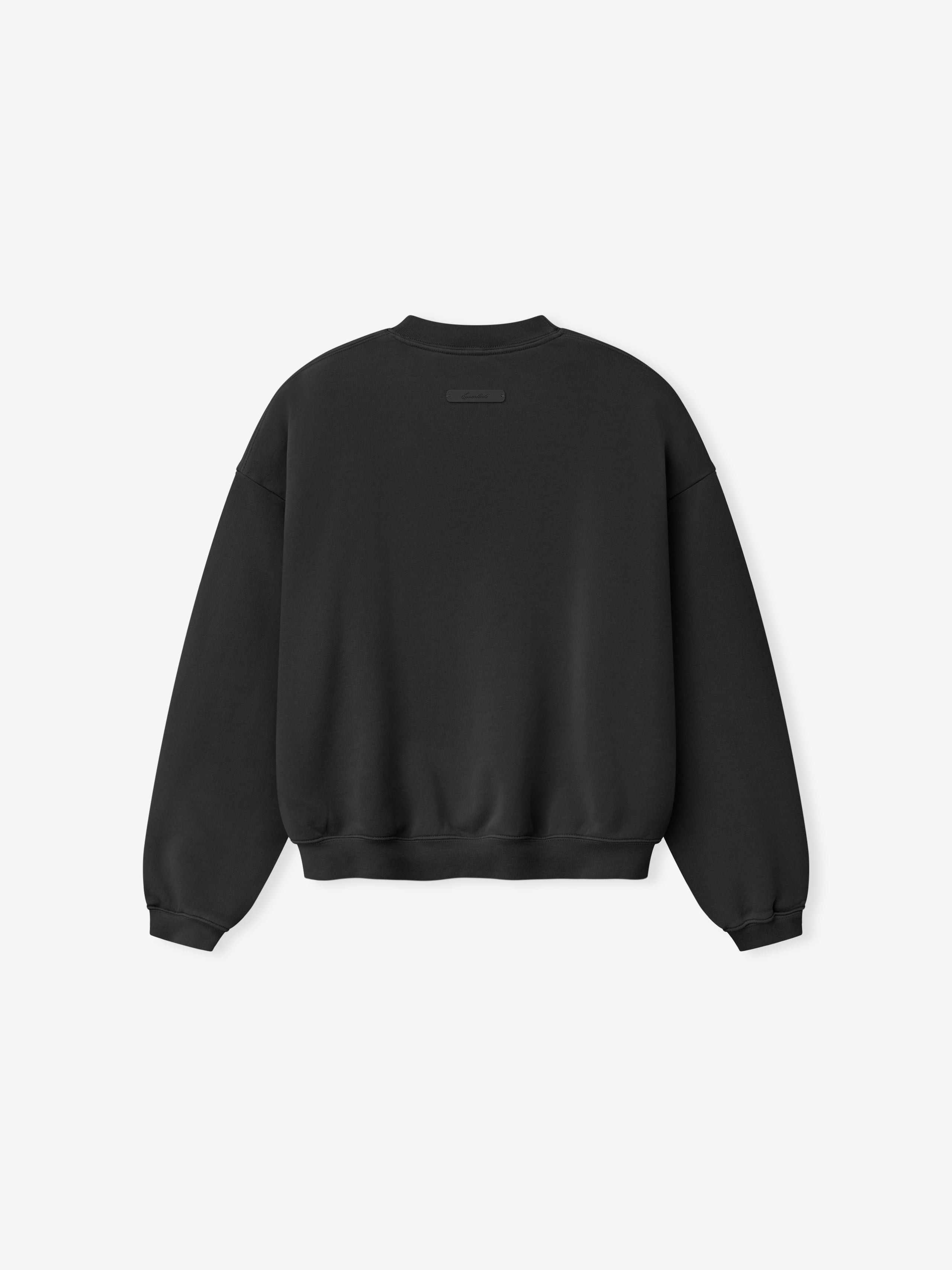 back view of black cropped kids crewneck sweatshirt with ribbed hem and cuffs in heavyweight fleece fabric