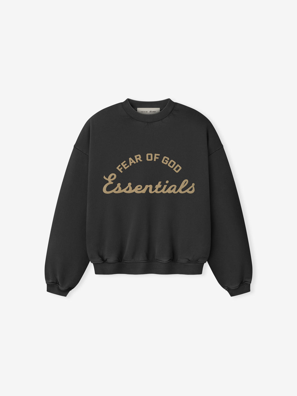 front view of black kids crewneck sweatshirt with Fear of God Essentials logo printed in tan text on chest