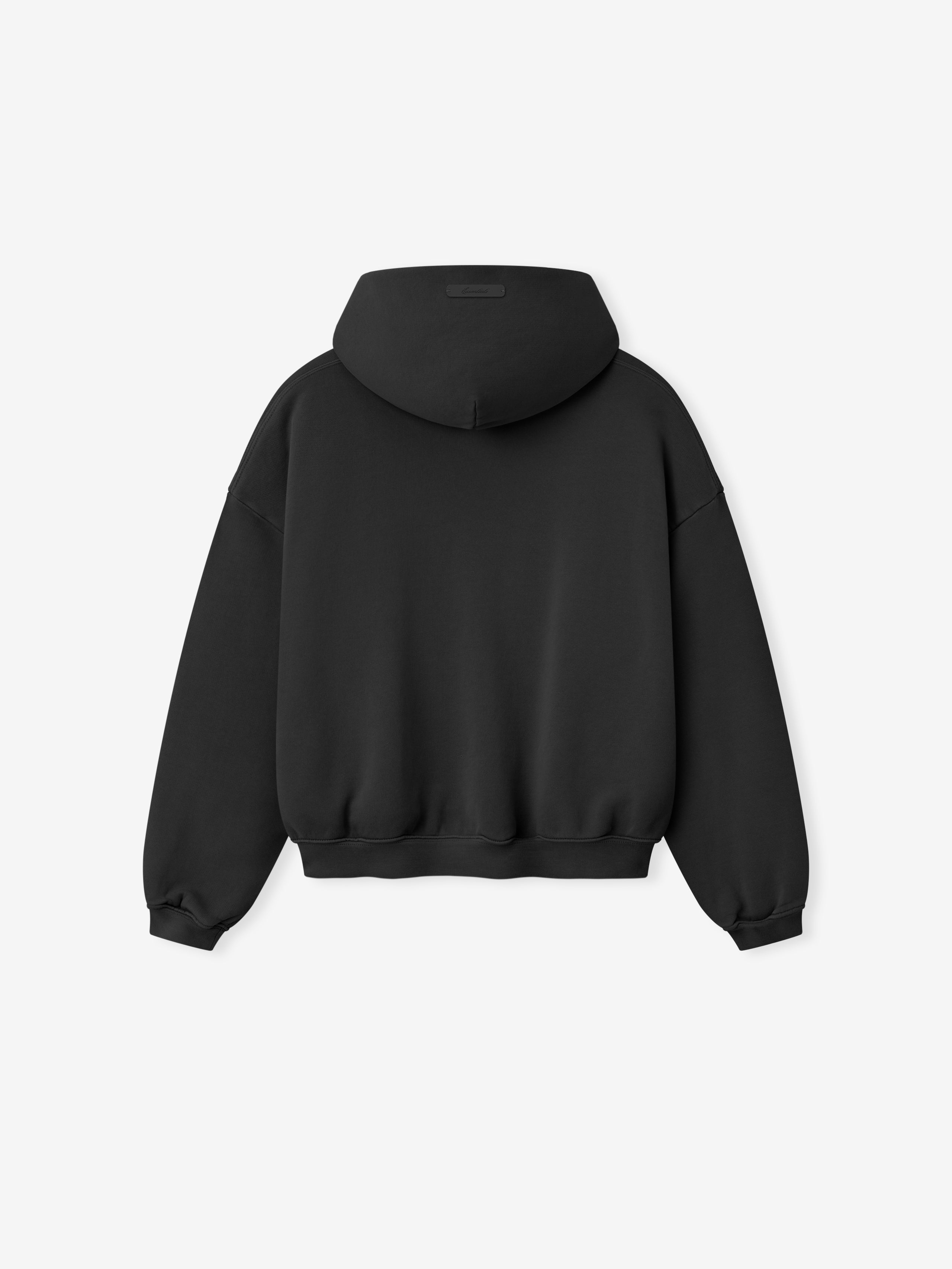 back view of black cropped kids hoodie with ribbed cuffs and waistband in heavyweight cotton fleece fabric
