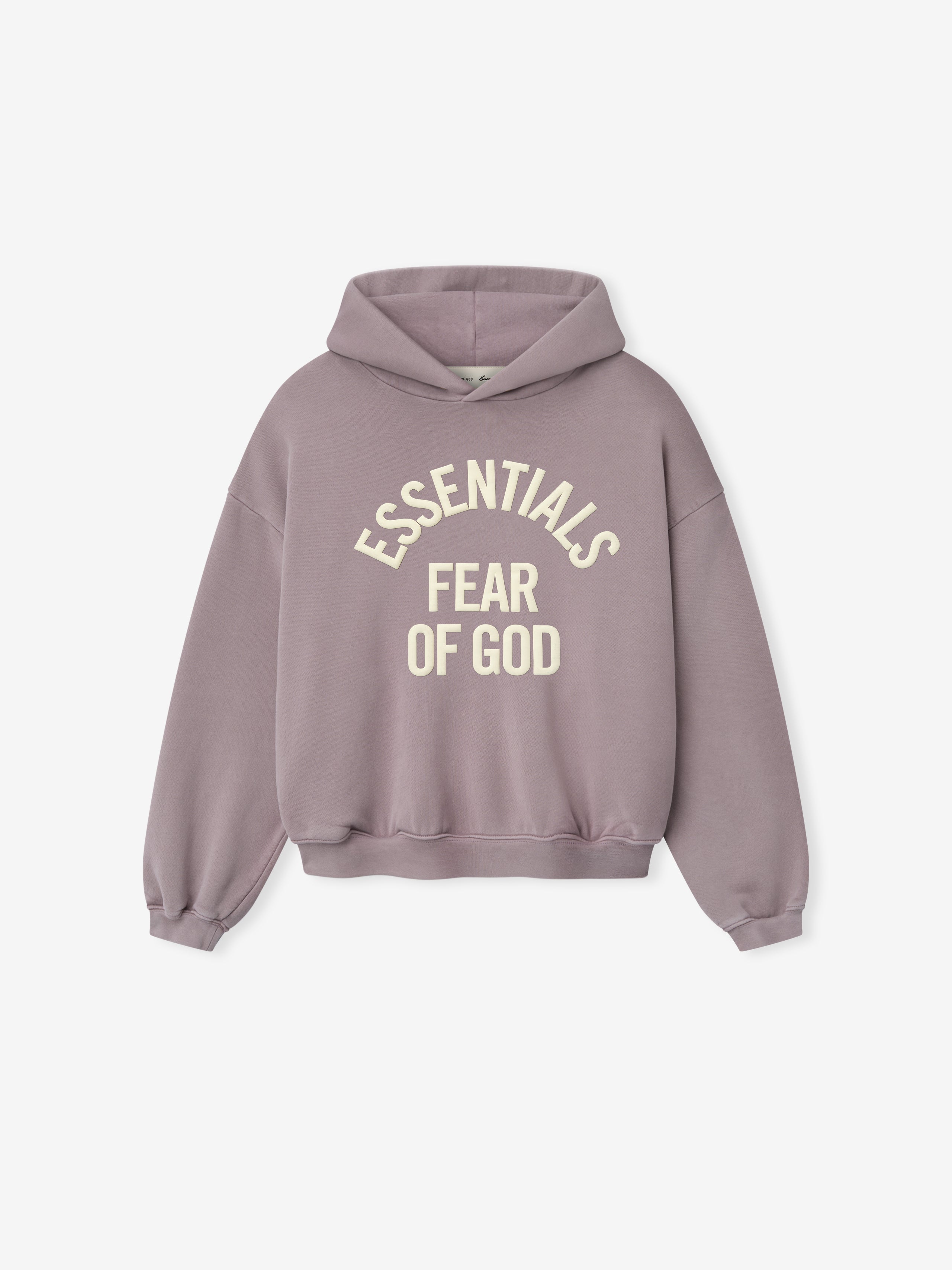 front view of muted mauve kids hoodie with cream Essentials Fear of God text printed in arched layout
