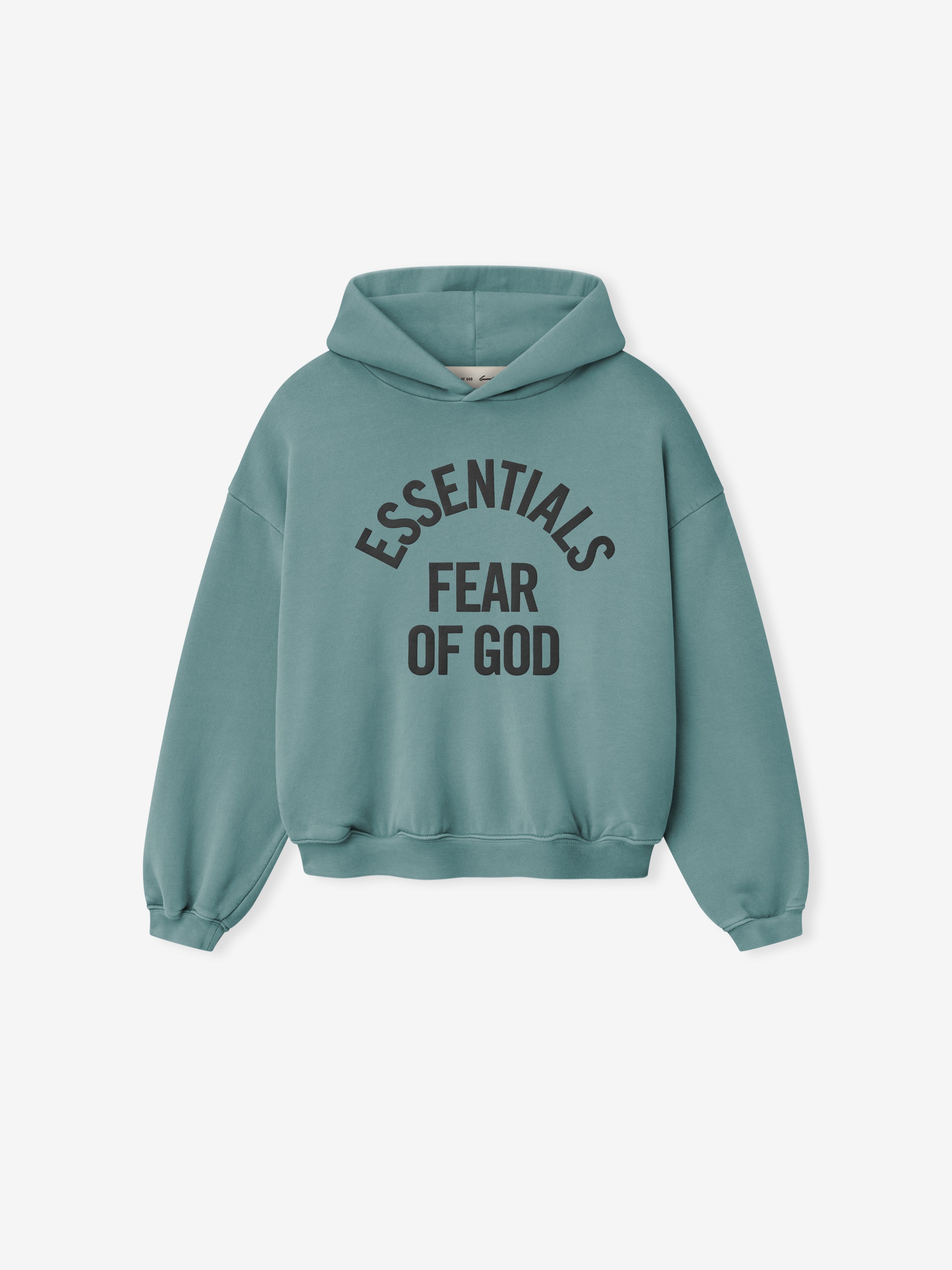 front view of teal cropped kids hoodie with black Essentials Fear of God text printed in arched layout