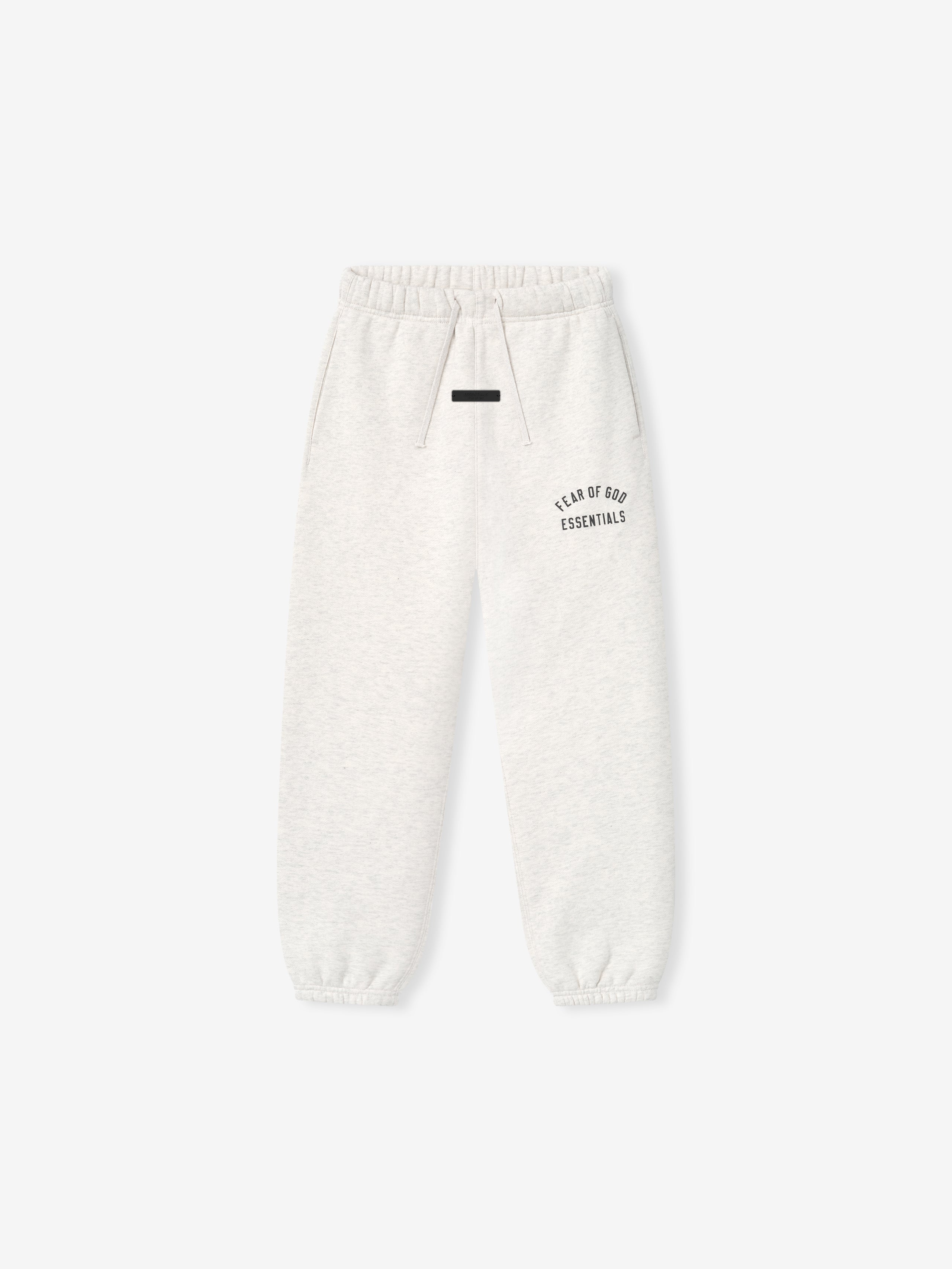 off-white kids sweatpants with elastic waistband and cuffs featuring Fear of God Essentials black logo text on thigh