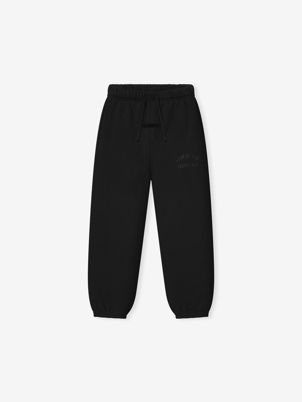 black kids classic sweatpants with elastic waistband and subtle tonal Fear of God Essentials logo on thigh
