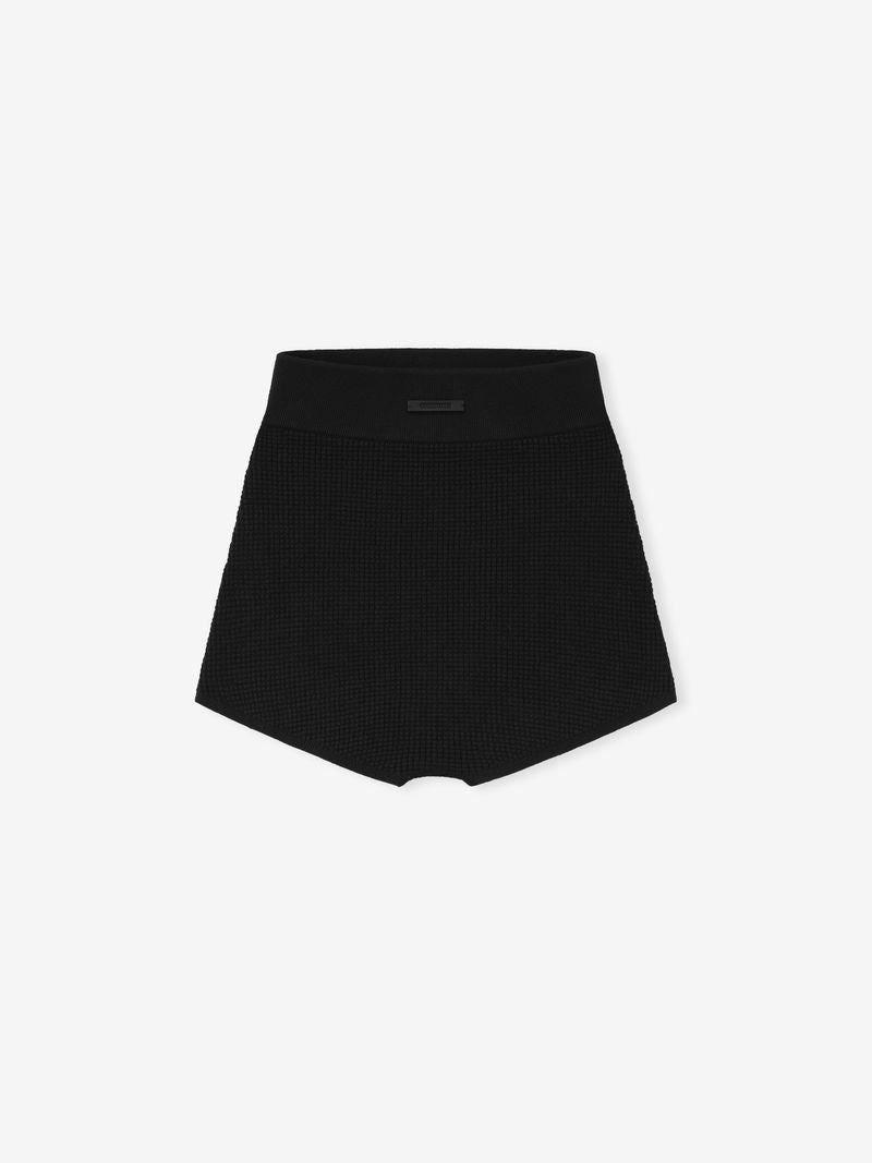 front view of black women's waffle knit boy short with cropped fitted silhouette and textured fabric