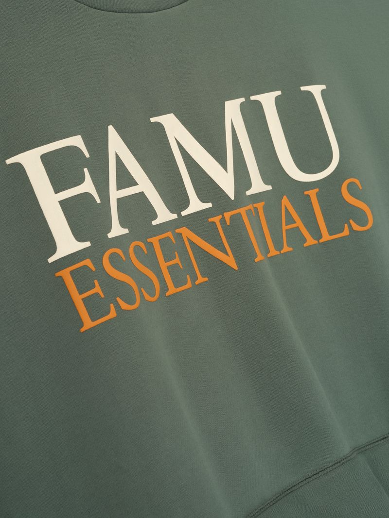 Detailed close-up of olive green FAMU Sport Crewneck showing large white FAMU and orange ESSENTIALS text, file BLNFYKng.jpg