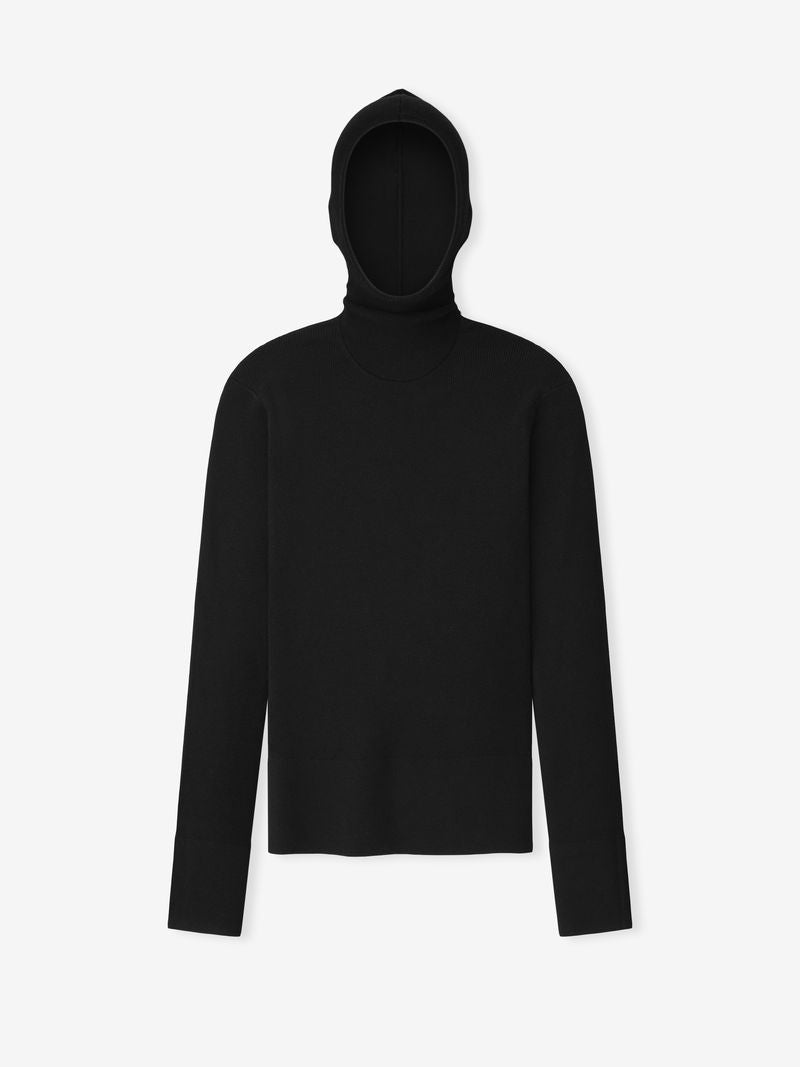 Flat lay of womens black long sleeve ribbed hooded top with fitted silhouette, product image BaZhT3fw.jpg gallery 0