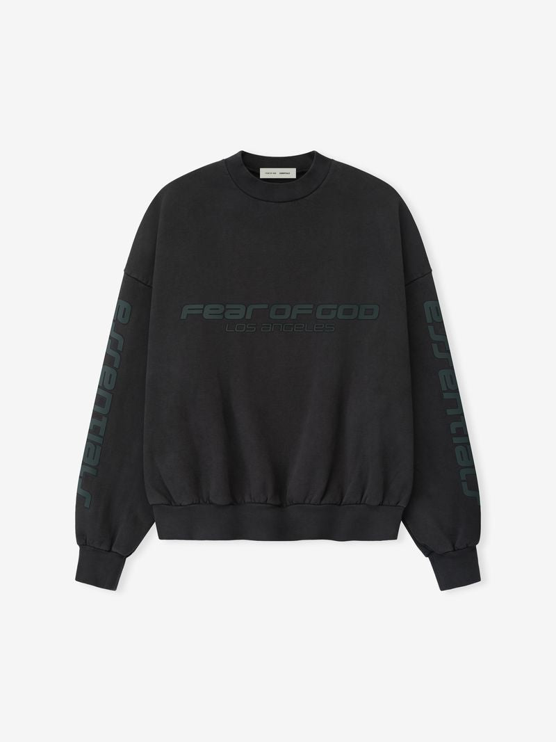 Front view of black Los Angeles heavy fleece cropped sweatshirt with muted Fear of God and Los Angeles text across chest E586crug.jpg