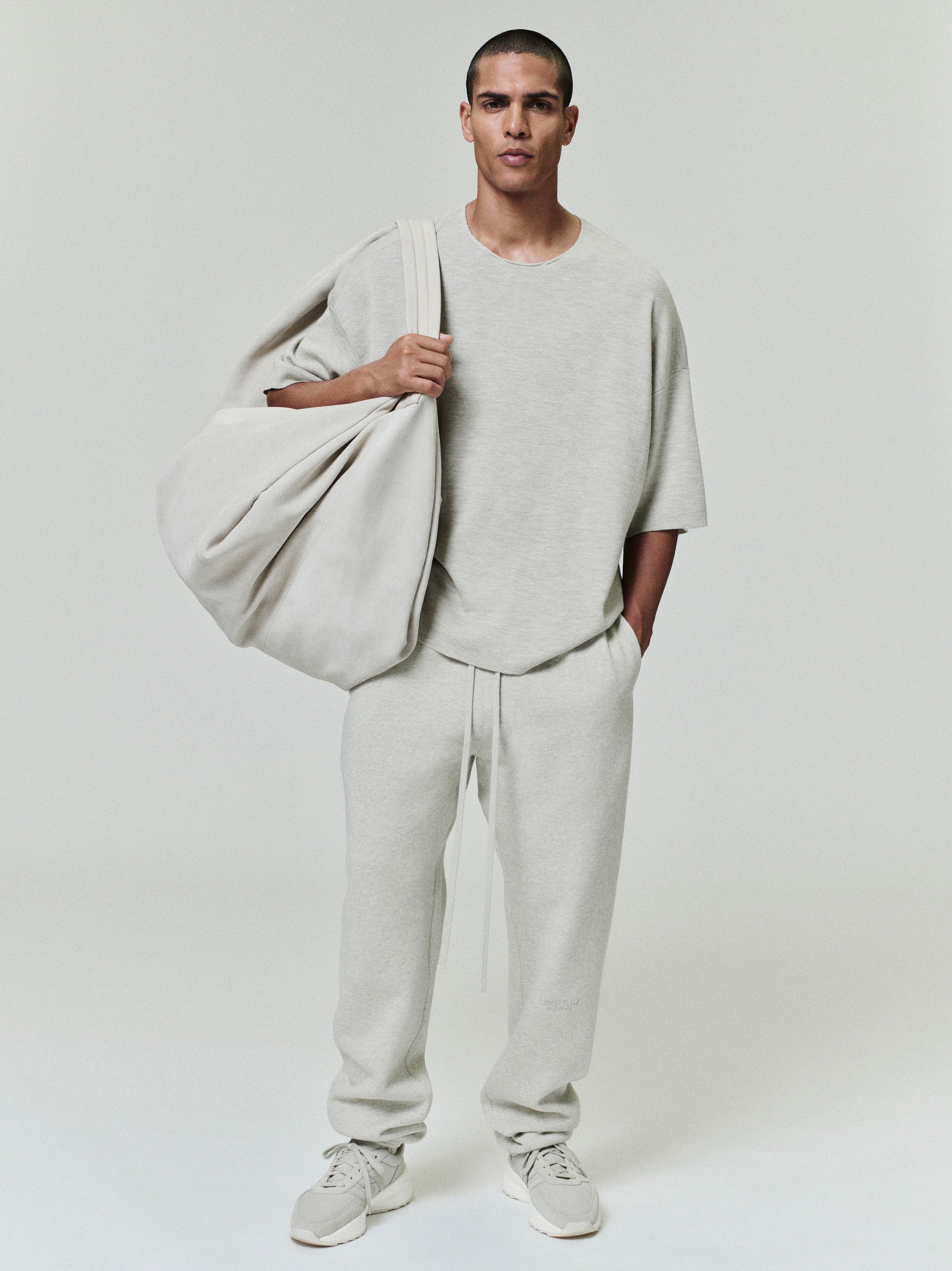 full front view of light gray vintage fleece sweatpant with drawstring waist and relaxed fit styling