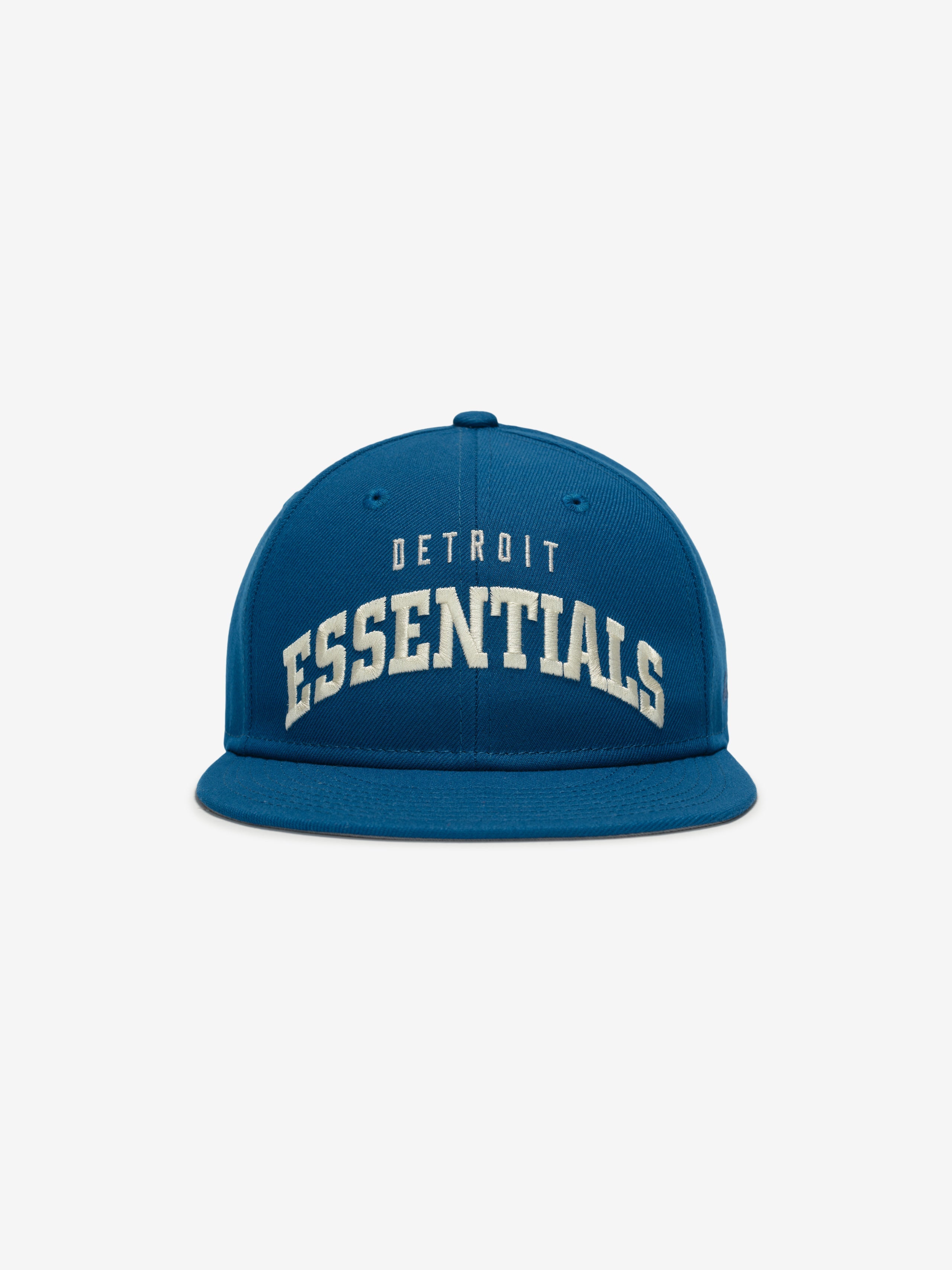 Front view of blue Lions 9Fifty RC Snapback with curved white Detroit Essentials embroidery, gallery image 0 FOG_950RC_31974_DETLIO-SEB_1.jpg