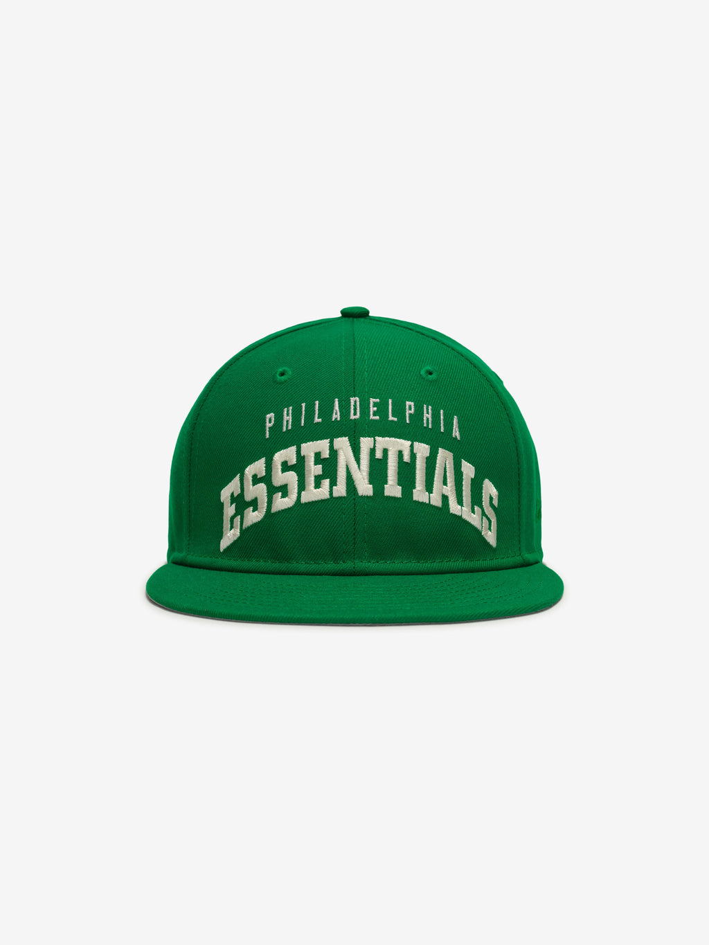 Front view of green Eagles 9Fifty RC Snapback with white Philadelphia Essentials text on crown, gallery image 0