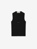 Front view of black womens waffle knit tank top with deep scoop neckline and small rectangular logo patch HDbTgqYg.jpg gallery 0