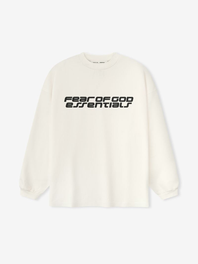 Off-white Ponte 90s Long Sleeve Tee with bold black Fear of God Essentials logo centered on front, gallery JJtOnT-A.jpg