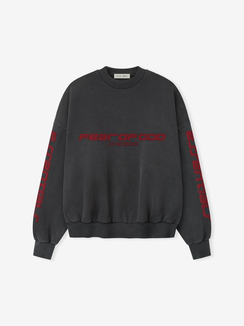 Front view of faded black Chicago heavy fleece cropped sweatshirt with bold red Fear of God text on chest and sleeves KynKOaRg.jpg