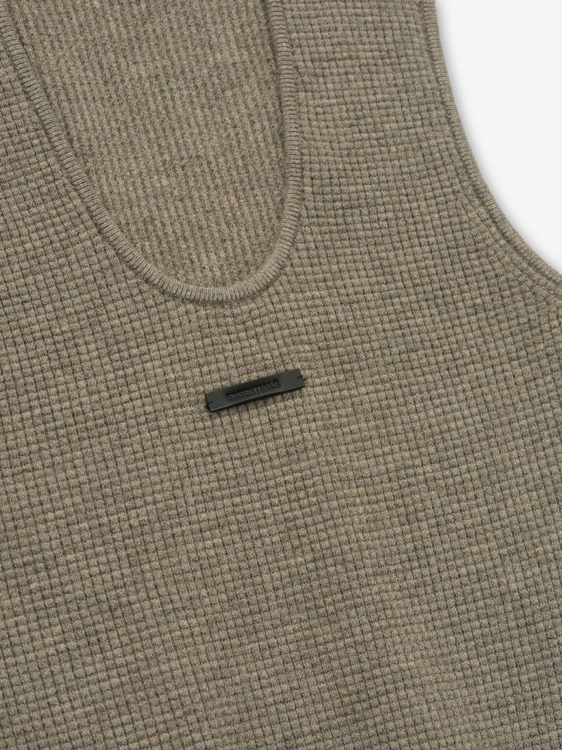 Close-up of womens waffle knit tank top in muted olive with stitched neckline and small centered logo tag LVxhHuWA.jpg gallery 0