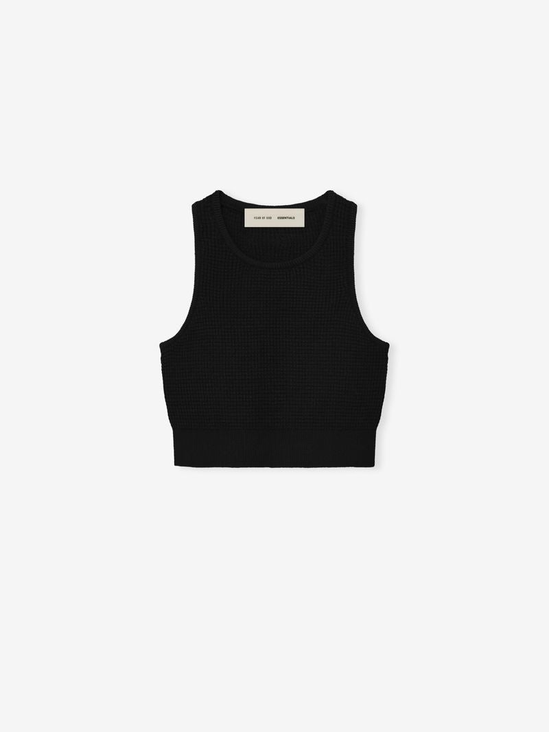 Black cropped women's waffle sport tank with round neckline and minimalist label, flat lay O4K5DUyg.jpg gallery 0