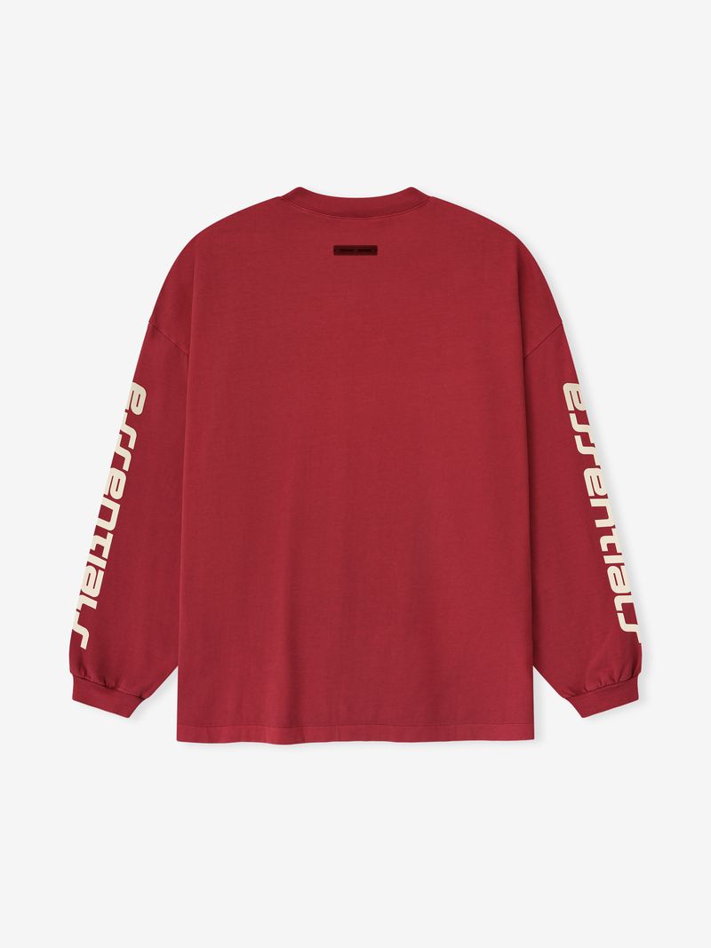 Back view of crimson 90s Long Sleeve Tee with "essential" printed vertically on both sleeves, gallery 0 Q3LLU6DQ.jpg