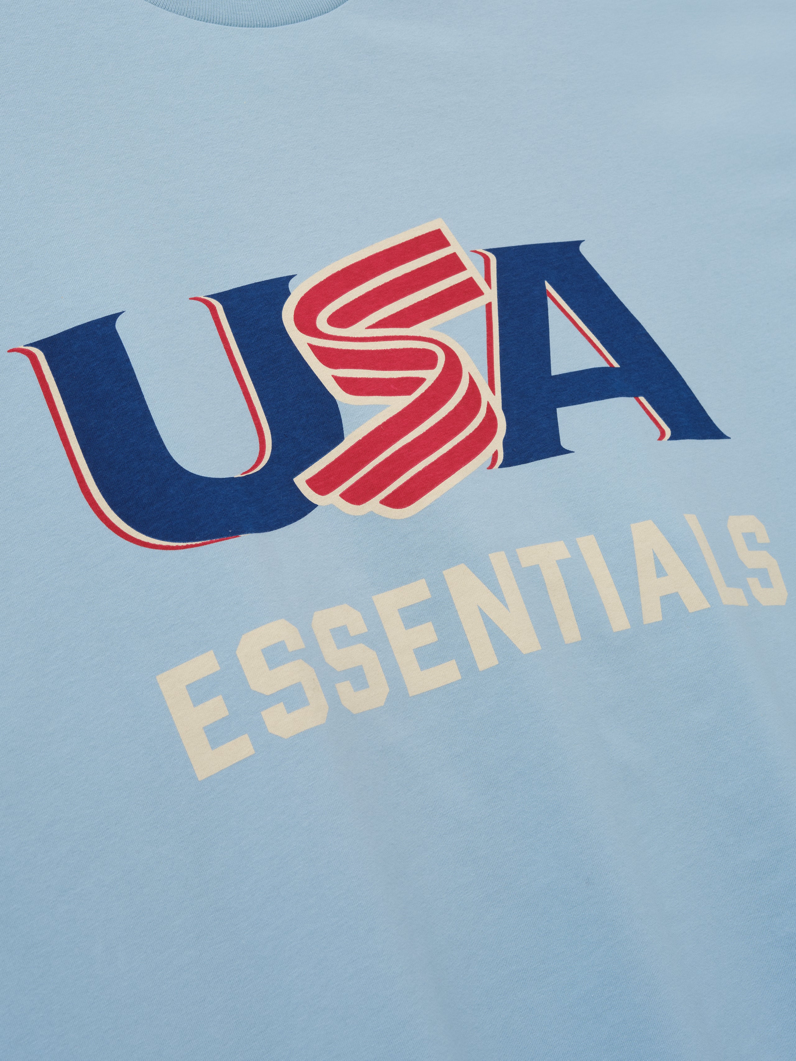 Close-up of light blue fabric with red, blue, and cream "USA" and cream "ESSENTIALS" text graphics on front center
