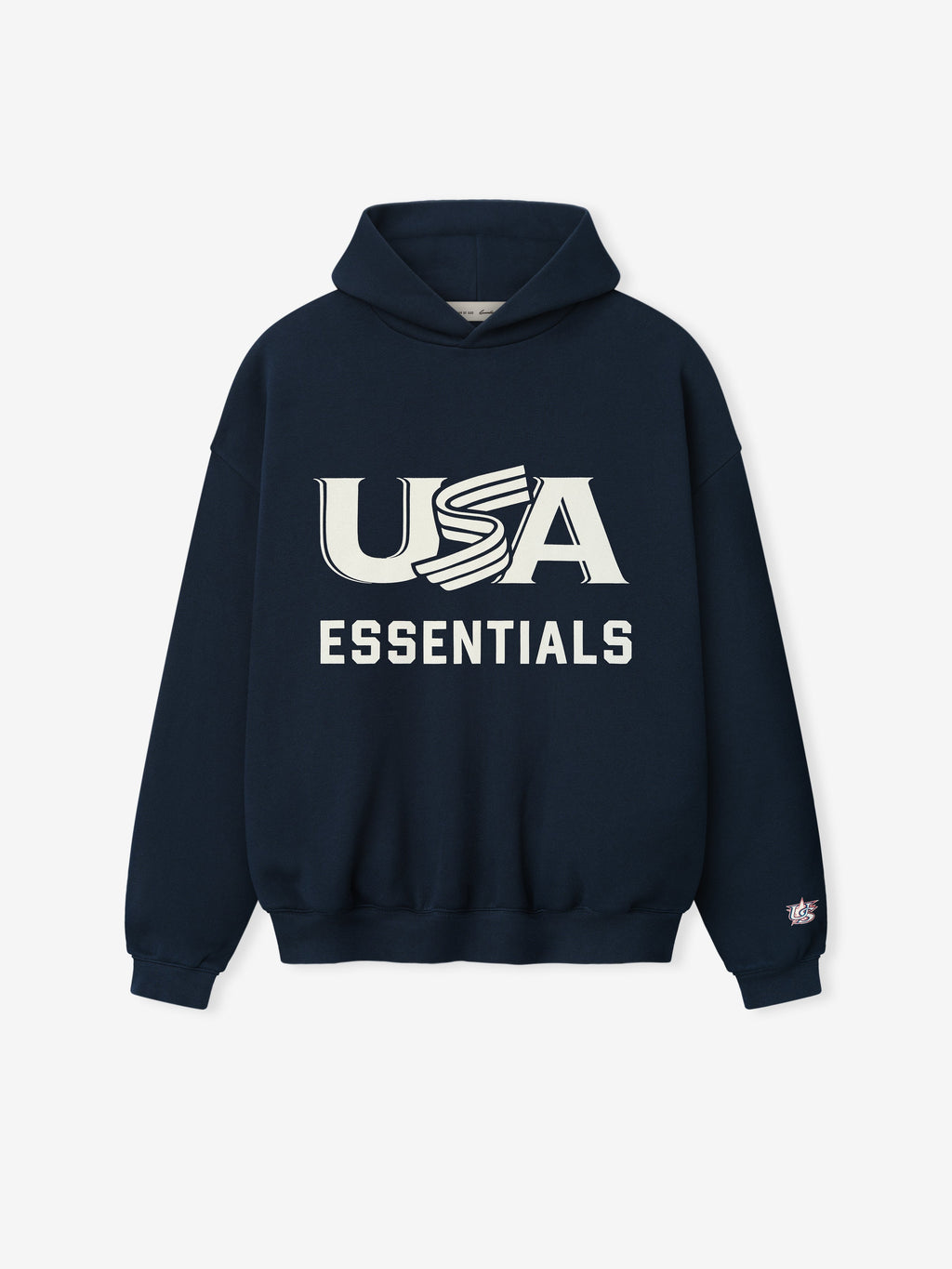 Navy hoodie with 'USA Essentials' text on a white background
