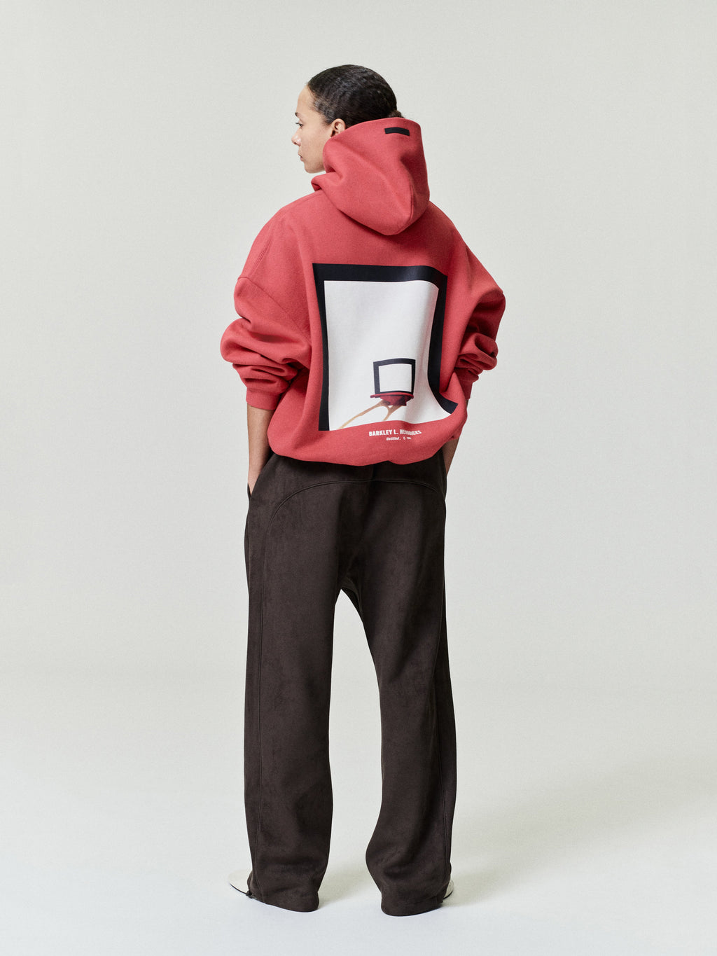 red heavyweight hoodie with framed basketball hoop graphic and Barkley L. Hendricks signature on back center
