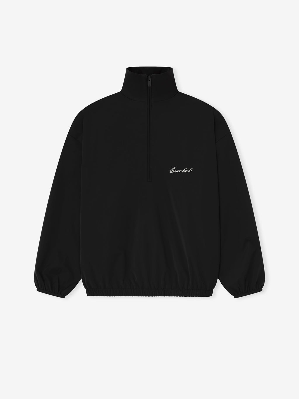Black sporty nylon pullover with a half-zip front and elastic cuffs and hem, featuring small white script logo on chest