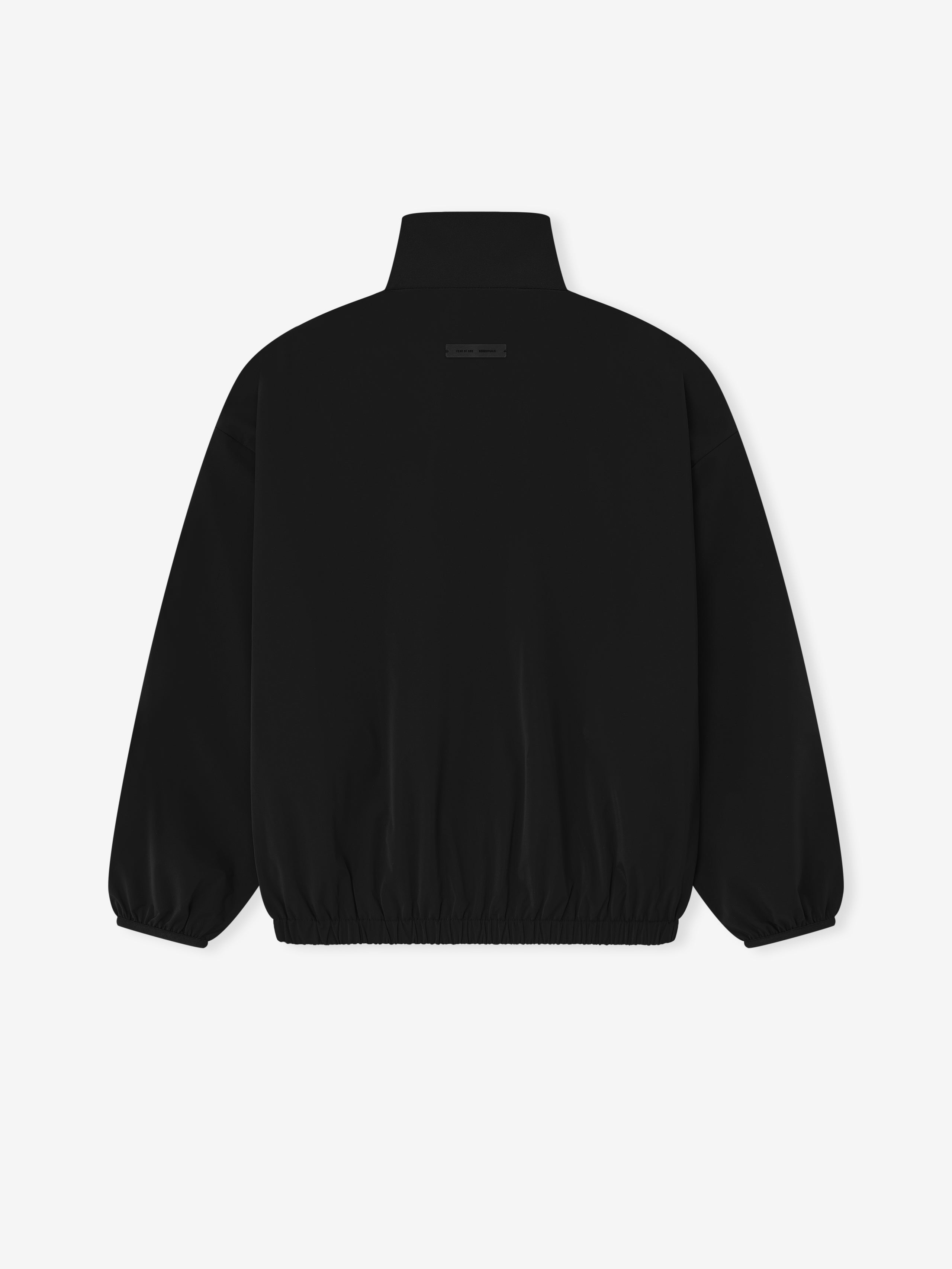Back view of black Sporty Nylon Half Zip jacket with elastic hem and cuffs on plain white background