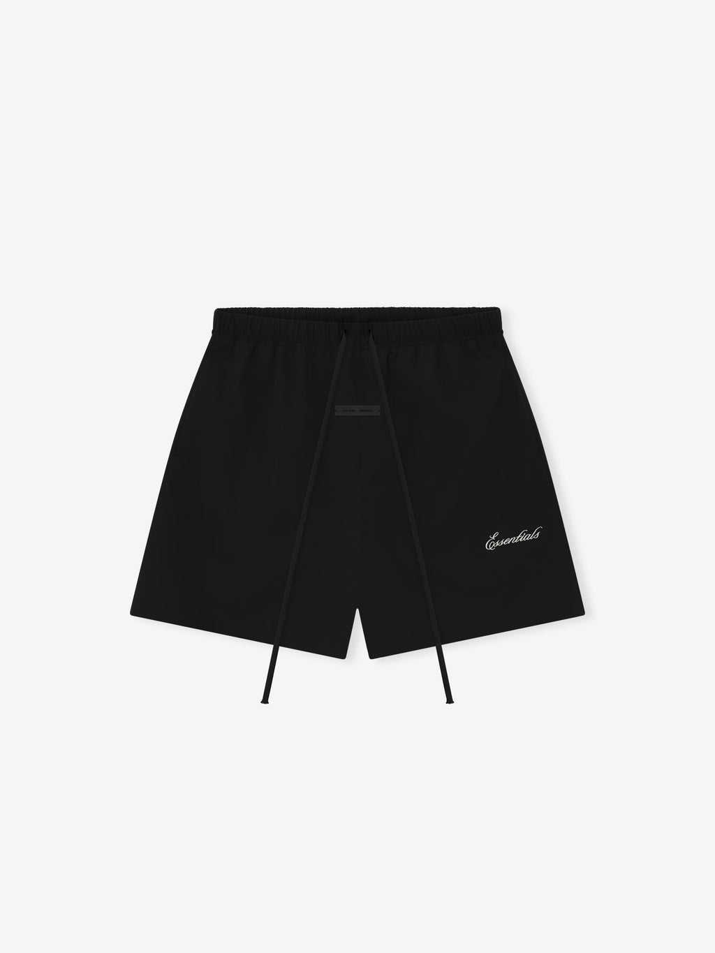 Black sporty nylon shorts with elastic waistband and long drawstrings, featuring a small white script logo on leg