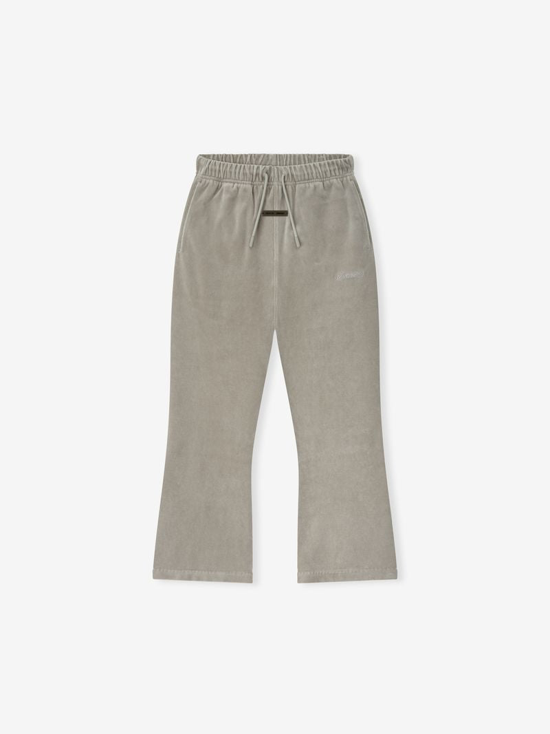 Top-down view of taupe kids velour flare sweatpants with elastic waistband and front pockets TWsU8bYA.jpg gallery 0