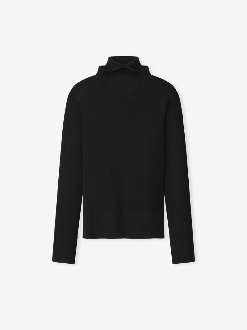 Front view of black womens long sleeve ribbed hooded top with high neckline, product image UATDTMag.jpg gallery 0
