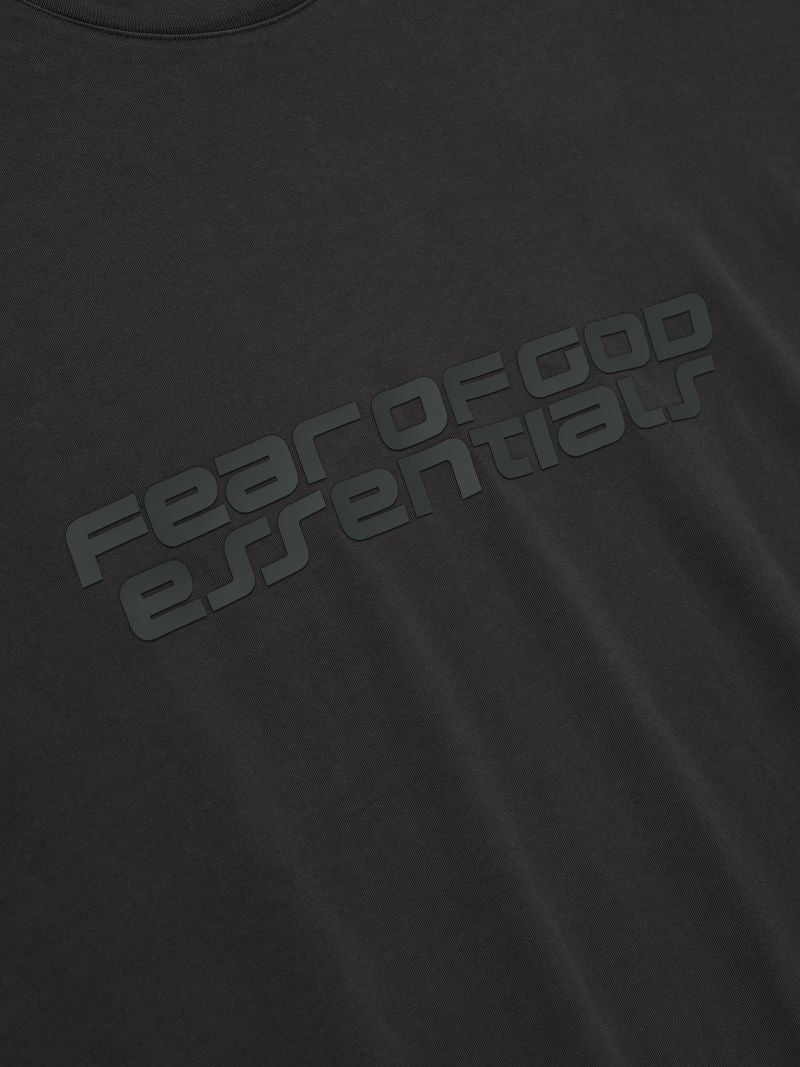 Close-up of charcoal 90s Long Sleeve Tee featuring subtle Fear of God Essentials logo printed diagonally, gallery 0 VC0sUtzQ.jpg