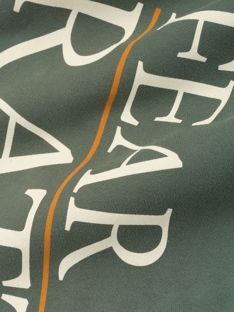 Close-up of dark green FAMU Lounge Sweatpant fabric with white text and a thin orange vertical stripe, file X1Yu9LnA.jpg