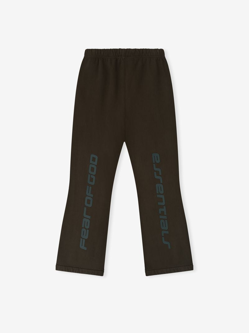 Flat lay of dark brown Heavy Fleece Flare Sweatpant showing back view with vertical contrasting script on legs, gallery image 0