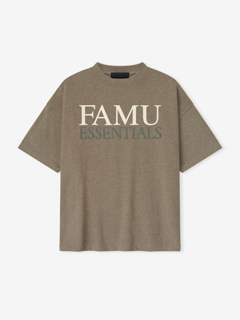 Flat lay of brown FAMU 90s Tee with large cream FAMU text and teal ESSENTIALS lettering, file afiBK39g.jpg