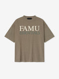 Flat lay of brown FAMU 90s Tee with large cream FAMU text and teal ESSENTIALS lettering, file afiBK39g.jpg