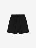 Flat lay of black Satin Fleece Relaxed Sweatshort with long drawstrings and subtle tonal "26" detail near hem shown from front