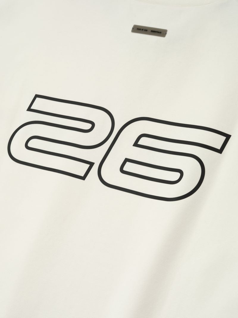 Close-up of white Ponte 90s Long Sleeve Tee highlighting bold black "26" graphic and small label below neckline, gallery 0.