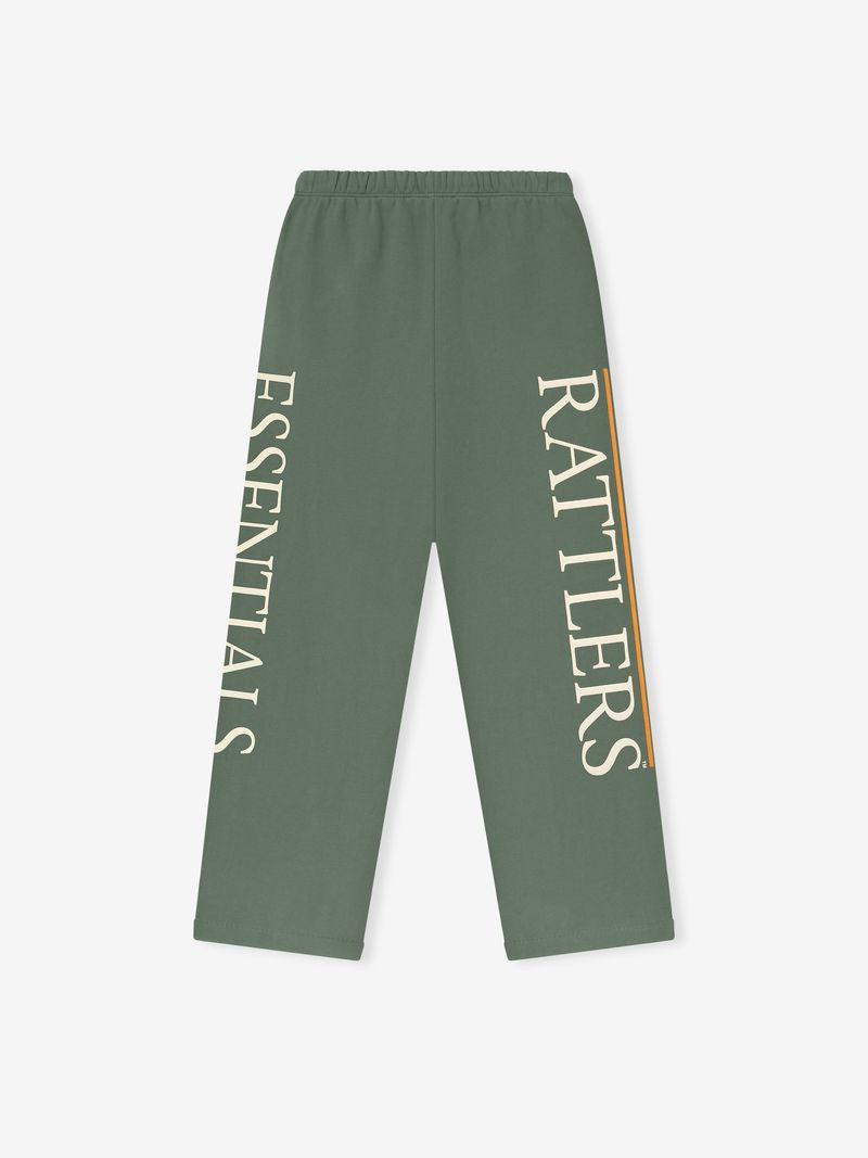 Back view of olive green FAMU Lounge Sweatpant with vertical cream ESSENTIALS and RATTLERS text and thin orange stripe, file htSdwIQ.jpg