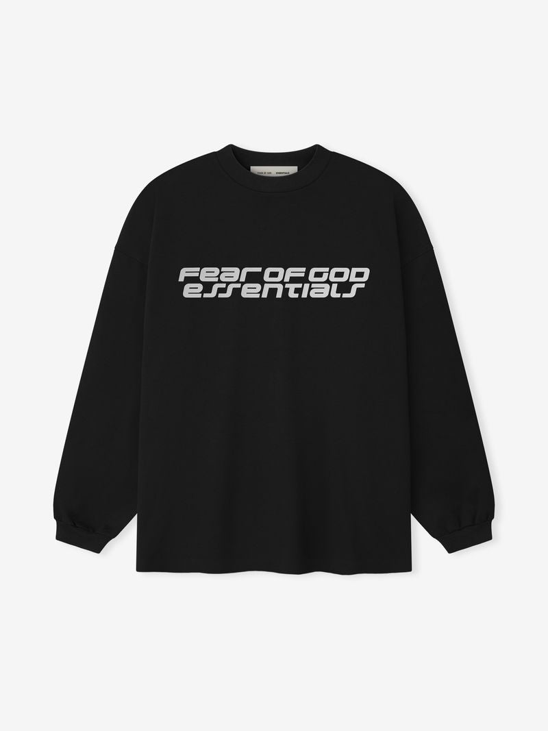 Black Ponte 90s Long Sleeve Tee with futuristic grey Fear of God Essentials logo centered front, file hz_pxy1A.jpg gallery 0