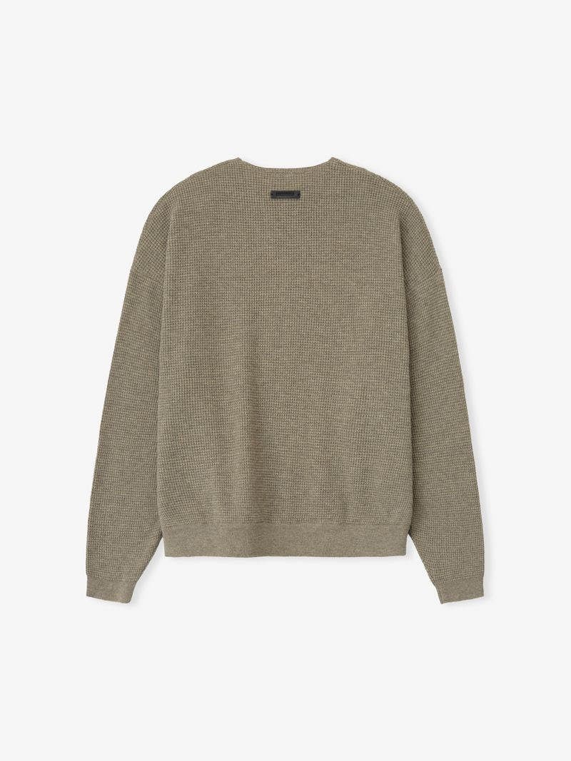 Back view of taupe Waffle Crewneck 90s Sweater showing textured knit fabric and small rectangular label near neckline