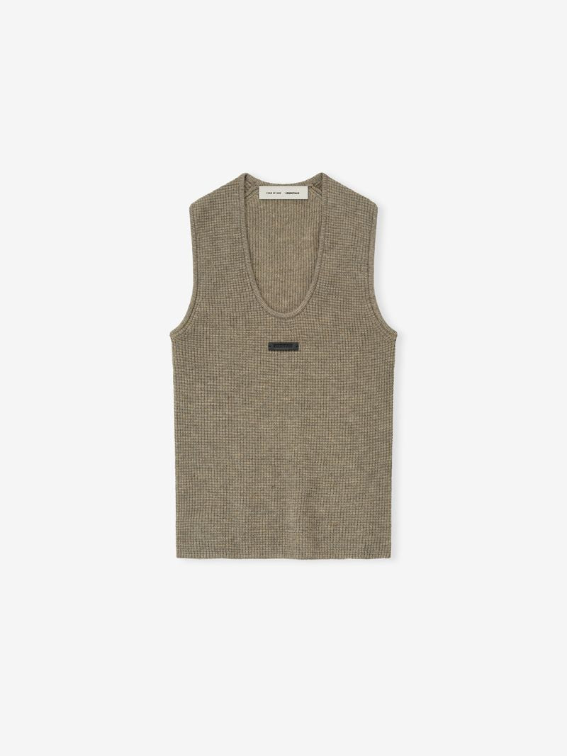 Flat lay of womens waffle knit tank in muted olive with scoop neckline and small rectangular logo patch nHACwDRA.jpg gallery 0