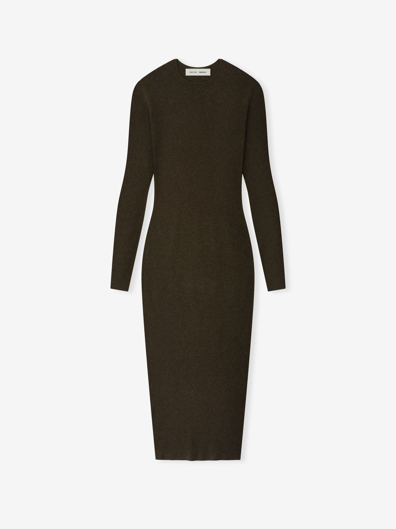 Flat lay of dark brown ribbed long sleeve dress with crew neckline and midi length on white background